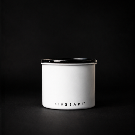 Airscape Kaffeedose aus Edelstahl mit luftdichtem Verschluss und transparentem Fenster, ideal zur Frischebewahrung von Kaffee.