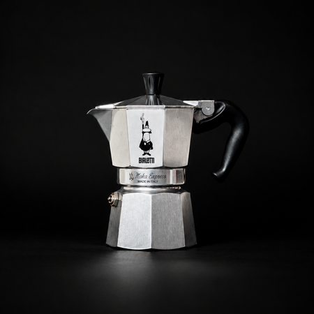 Bialetti Moka Express Espressokocher aus Edelstahl, mit Griff und Deckel, für aromatischen Kaffee.